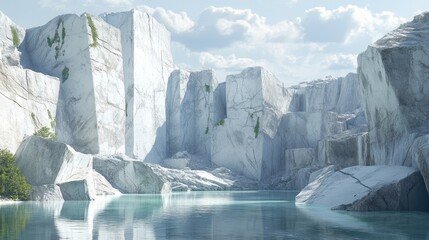 Aufkleber - A serene view of large white marble rocks in an empty quarry, highlighting their smooth edges and natural beauty in the context of marble mining.