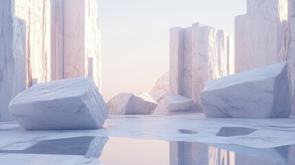 Aufkleber - A serene view of large white marble rocks in an empty quarry, highlighting their smooth edges and natural beauty in the context of marble mining.