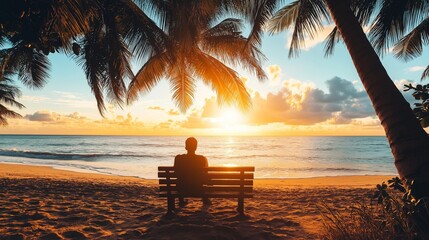 Wall Mural - man sitting on a bench, enjoying a coffee, watching the sunrise over a quiet beach with gentle waves lapping the shore and palm trees swaying in the breeze