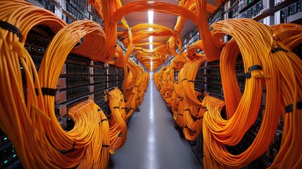 Aufkleber - A server room packed with rows of interconnected servers and vibrant orange cables, representing modern data infrastructure and technology in action.