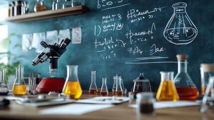 Poster - laboratory desk with flasks, beakers, microscope, and blackboard for research, education concept