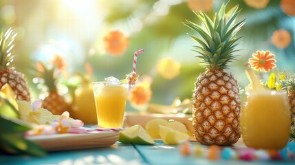 Poster - Summer picnic with tropical drinks and fresh pineapples in a vibrant outdoor setting. Generative AI