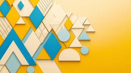 Poster - Colorful Geometric Composition with Shapes and Patterns in Blue, Yellow, and White against a Warm Background