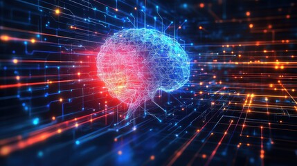 Fototapete - Abstract AI technology background with glowing lines and digital connections, clean layout for text