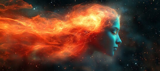 Poster - Woman s Profile Merging with Flowing Energy and Particles in the Universe, Concept of Consciousness