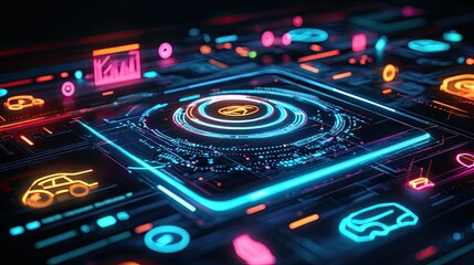 Poster - Abstract futuristic interface with glowing holographic icons, sleek digital background, ample copy space