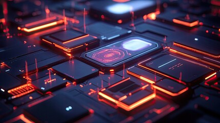 Poster - Abstract futuristic interface with glowing holographic icons, sleek digital background, ample copy space