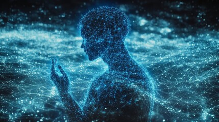 Poster - Networked Consciousness Digital Silhouette With Glowing Brain, Neural Connections, Dark Background