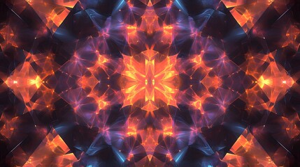 Poster - Vibrant abstract pattern, colorful kaleidoscopic design with glowing orange and purple hues, ideal for artistic projects or backgrounds.