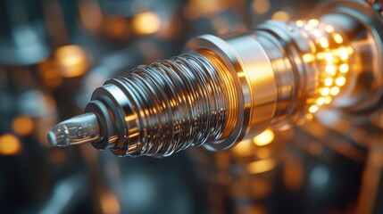 Poster - A spark plug's intricate design and metallic texture shine in a close-up, with vibrant, dynamic lighting adding emphasis to its precision engineering.