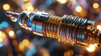Poster - A spark plug's intricate design and metallic texture shine in a close-up, with vibrant, dynamic lighting adding emphasis to its precision engineering.