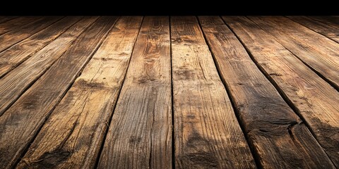 Wall Mural - Detailed view of aged wooden flooring with rich brown tones, horizontal planks receding into a dark background, creating depth and texture.