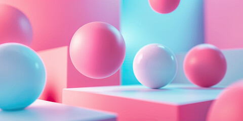 Poster - Pink and Blue Spheres on Geometric Cubes