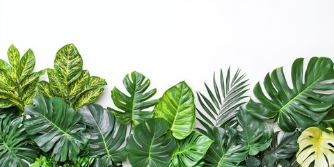 Wall Mural - Tropical plant leaves in various shades of green arranged horizontally against a white background showcasing texture and ample negative space for text