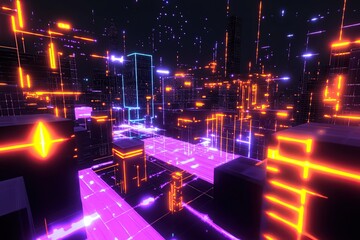 Poster - 3D rendering of a futuristic cityscape with glowing data blocks and circuit patterns