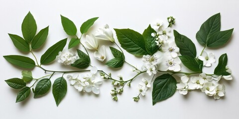 Wall Mural - Flat lay composition of vibrant green leaves and delicate white flowers arranged artistically on a light background emphasizing nature's beauty