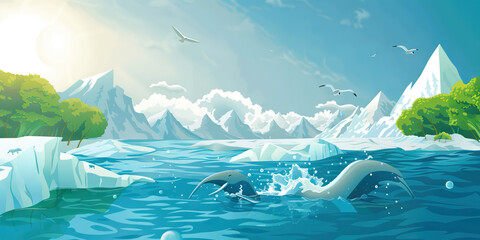 Narwhals in Glacial Ocean with Mountainous Landscape