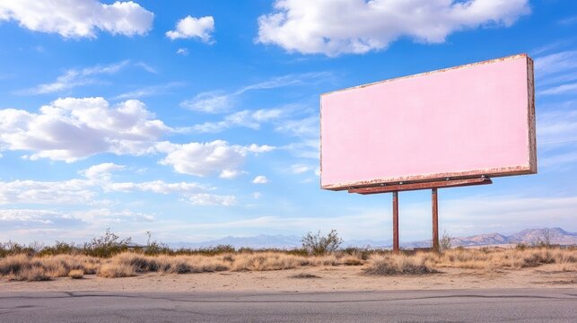 A surreal scene featuring a large, blank pink billboard in a deserted landscape, with a clear blue sky and fluffy clouds in the background.