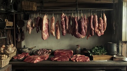 Aufkleber - A traditional butcher's shop with assorted cuts of meat hanging from hooks, highlighting the rustic charm and craftsmanship of meat preparation.