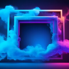 Abstract blue Neon light  3d Frame with Colorful Smoke Background