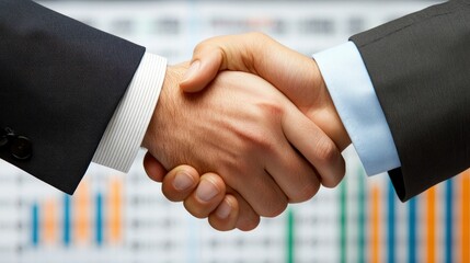 Poster - Close-up of a professional handshake with blurred financial charts in the background, emphasizing trust, ample copy space