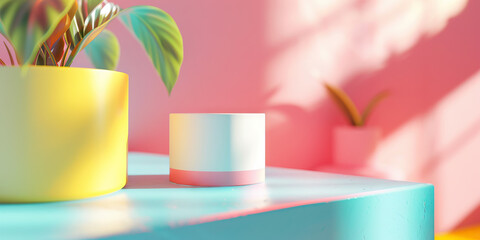 Poster - Yellow Planter, White Cylinder, and Teal Surface
