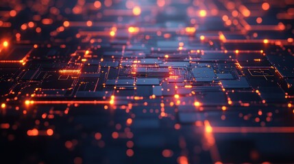 Poster - Abstract digital circuit board with glowing orange nodes and connections.