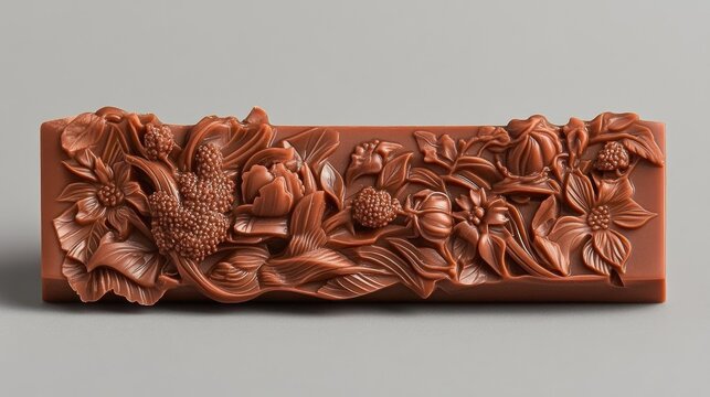 Chocolate bar in a mold shape with artistic engravings, displayed against a gradient gray background.