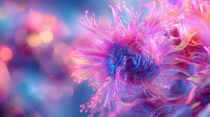 Aufkleber - A vibrant, colorful depiction of a cancer cell at the microscopic level, with intricate pink and purple filaments, highlighting its complex nature.