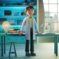 Poster - A cartoon scientist stands in a lab, contemplating a lit lightbulb, symbolizing scientific discovery and innovation.