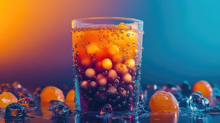 Poster - A vibrant image of a refreshing caramel bubble tea in a clear cup with tapioca pearls, perfect for a sweet and indulgent treat.