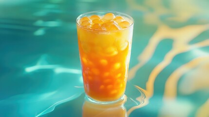 Poster - A vibrant image of a refreshing caramel bubble tea in a clear cup with tapioca pearls, perfect for a sweet and indulgent treat.