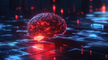 Poster - Conceptual glowing AI brain with neural network visuals on dark futuristic background, room for text