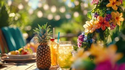 Aufkleber - Summer picnic gathering with tropical drinks and fresh pineapples in a vibrant garden setting. Generative AI