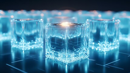 Poster - Futuristic Transparent Ice Cubes with Glowing Edges on a Dark Surface, Creating an Ethereal and High-Tech Ambiance for Digital Art and Design Projects