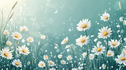 Wall Mural - Sunlit field of daisies, bokeh effect.