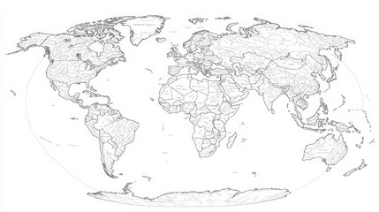  World Map In Vector Style, Outline Contour Globe With Rivers And Seas. Drawing For Coloring