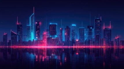 Poster - High-tech cityscape with glowing data lines and futuristic architecture, clean layout with copy space