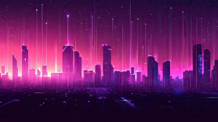 Poster - High-tech cityscape with glowing data lines and futuristic architecture, clean layout with copy space