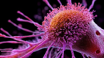 Poster - A vivid, microscopic close-up of a cancer cell, showcasing its complex structure with pink and purple filaments, set against a dark, scientific background.