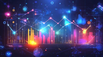 Poster - Holographic projection of futuristic graphs and charts on a dark digital background, room for text