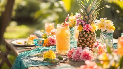 Poster - Enjoying a tropical summer picnic with pineapples and refreshing drinks amid vibrant flowers. Generative AI