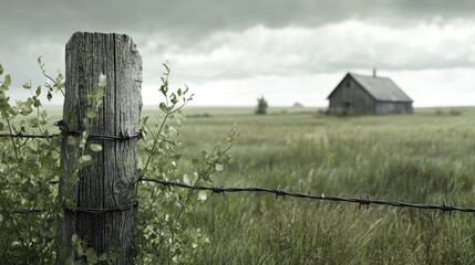Aufkleber - A weathered barbed wire fence stands on an abandoned Alberta prairie farm, telling a rustic story of the past amidst the open, overgrown fields.
