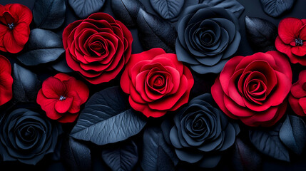 Poster - A vibrant arrangement of red and black roses, surrounded by dark leaves, creating a striking contrast and a romantic atmosphere.