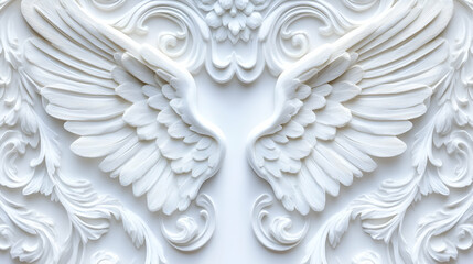 Poster - A beautifully detailed white relief sculpture featuring angelic wings surrounded by intricate floral patterns.