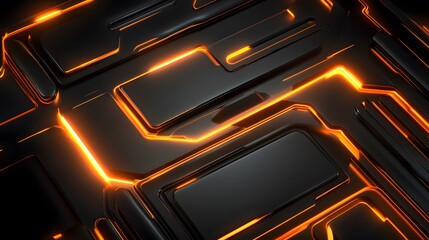 Poster - Futuristic abstract design, sleek black background with vibrant orange lines, ideal for tech-themed visuals or digital art.