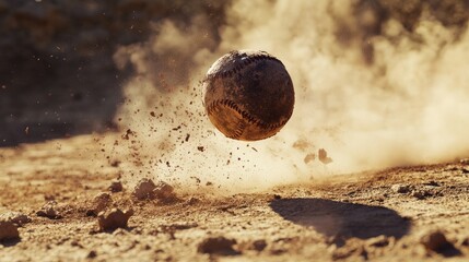 Poster - A weathered baseball flying through the air, propelled from dry dirt on a sun-kissed diamond, with a subtle dust trail illustrating motion and energy.