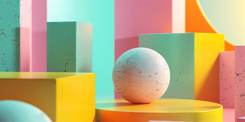 Poster - Off-white Sphere on Yellow Platform with Pastel-Colored Geometric Shapes