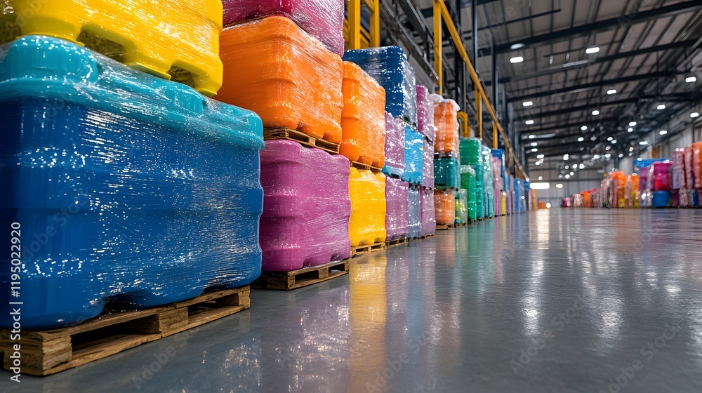 Colorful Plastic Pallets Wrapped in Stretch Film Filling a Modern ...