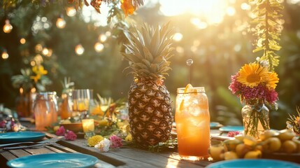 Aufkleber - Enjoying a festive summer picnic with tropical drinks and fresh pineapples surrounded by beautiful flowers. Generative AI